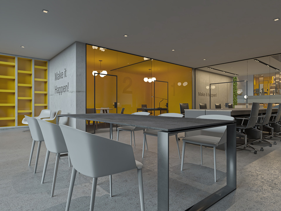 The building gives pleasing, organized, modern office interior design that promotes confidence and speaks of success to those who experience it. Concrete finish, wood joinery and yellow painted walls paired with straight, clean lines convey sophistication and professionalism, the yellow color deliver more fun and creative vibe to the theme.
